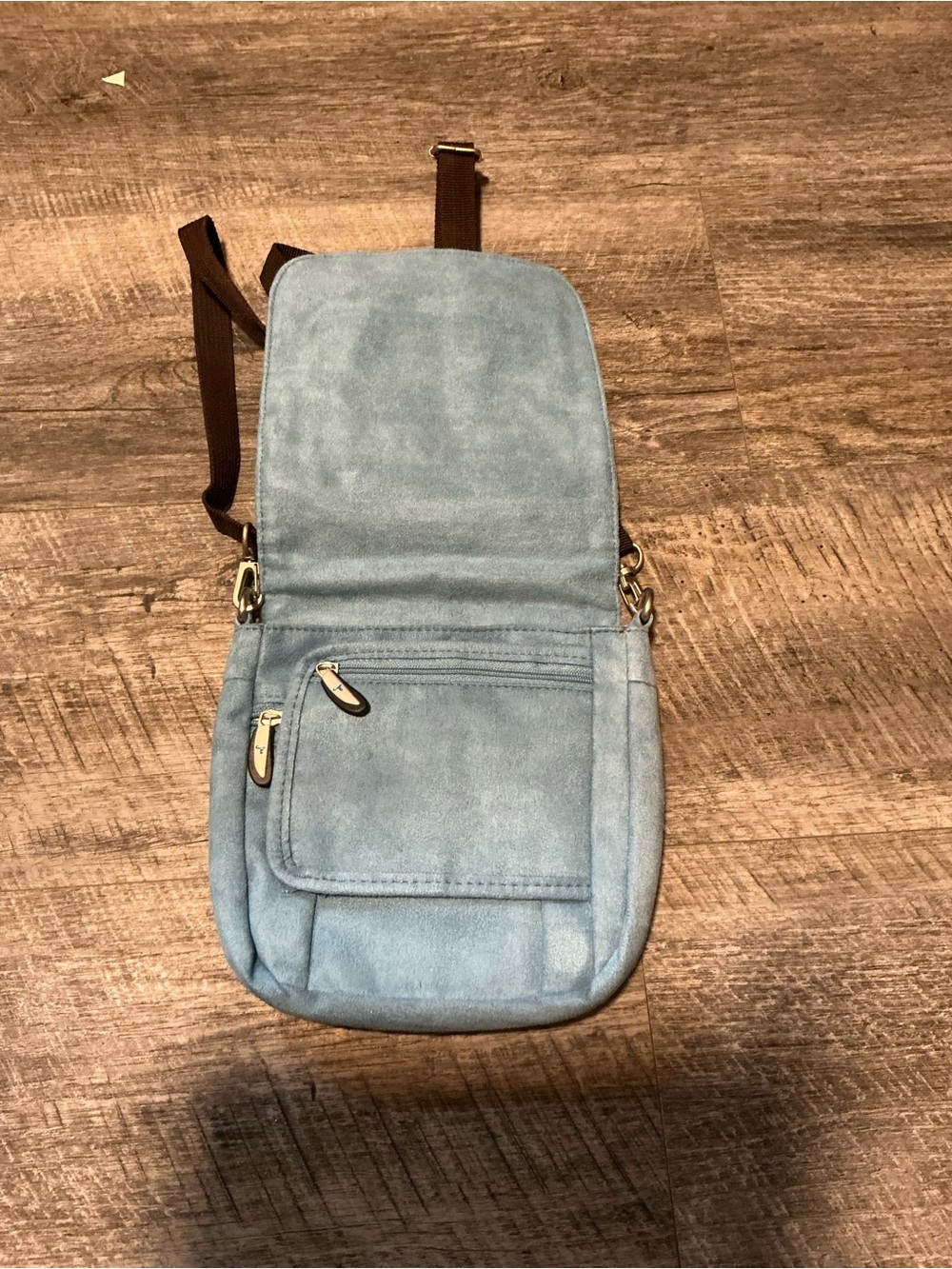 Travelon Light Blue Crossbody Bag with Brown Strap - Picture 2 of 5